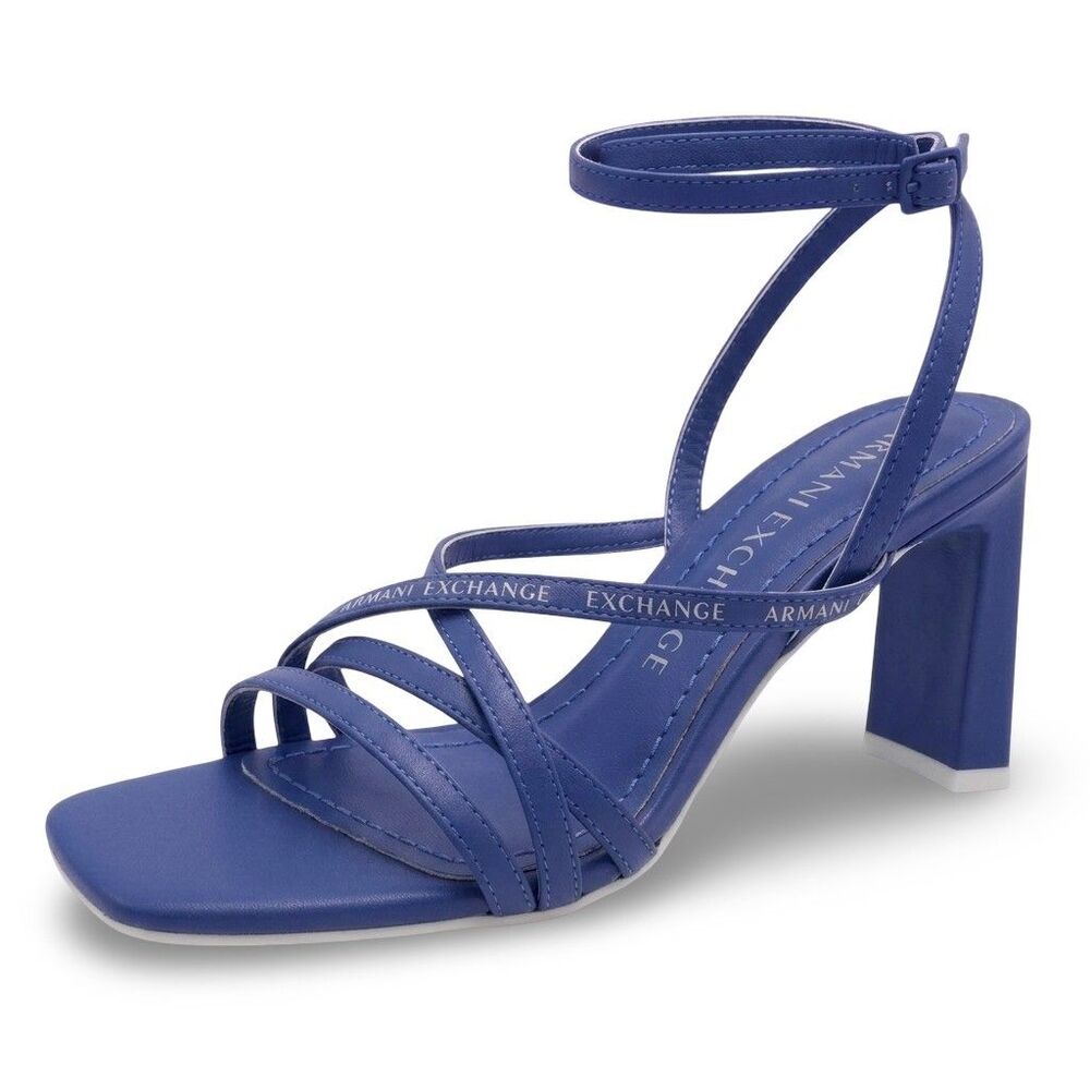 Armani Exchange Women's 6 Light Blue Leather Strappy Sandals Buckle Heel Square